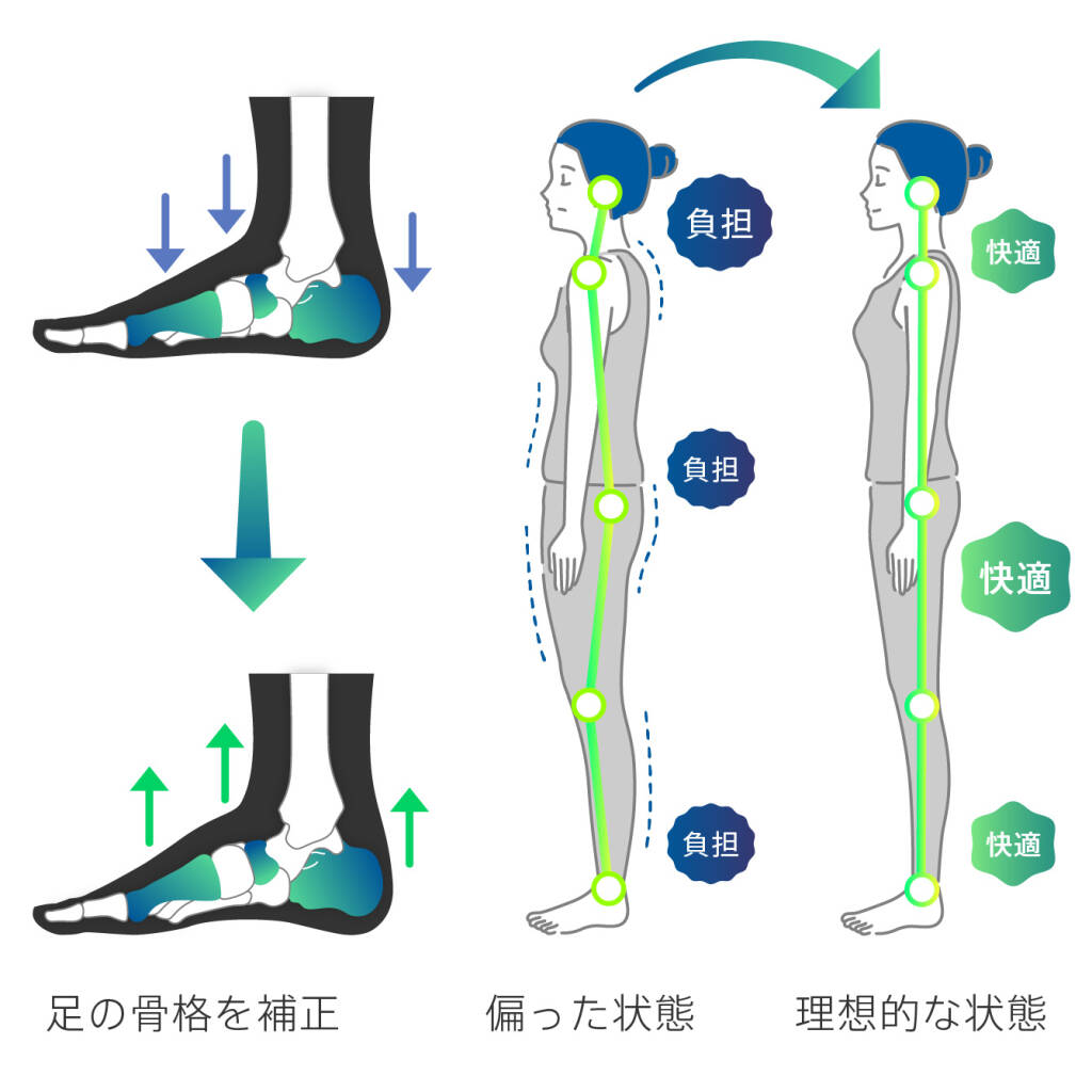 足の骨格を補正し、全身の偏った骨格を理想的な骨格に導き、姿勢・体幹を安定。